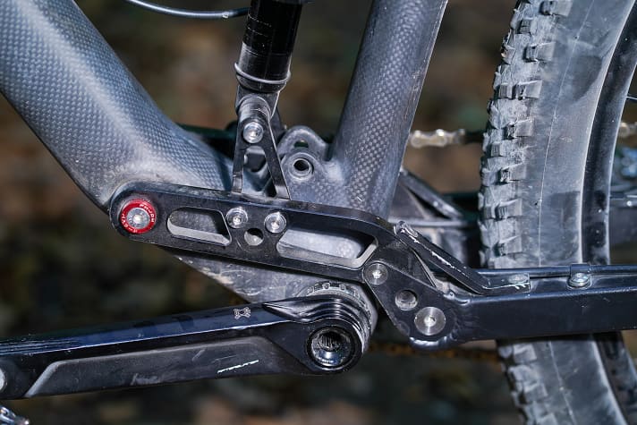 Am Prototypen ist die Aufnahme für Dämpfer mit längerem Einbaumaß leer. Das Race-Setup für kürzere Dämpfer hat eine eigene Aufnahme auf der Schwinge.