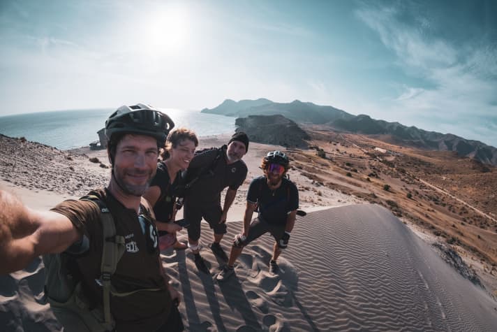 On the dune at Playa de Monsul: Dad gets to pick out the next family tour again.