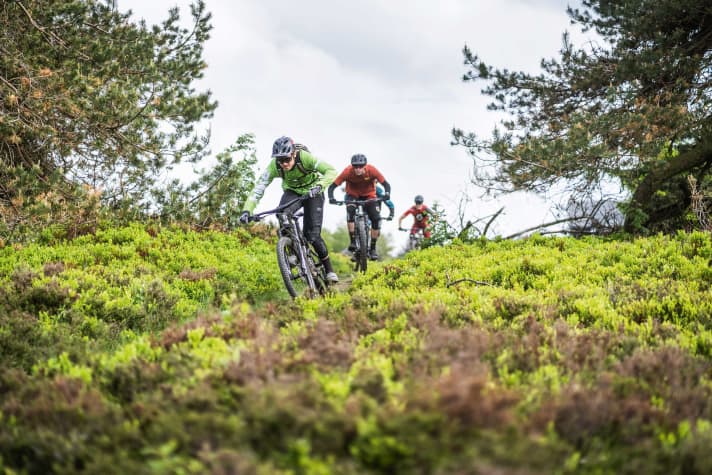 BIKE test manager Peter Nilges leads the test team over the trails on the Ettelsberg. The highly motivated guest testers do everything they can to follow him.