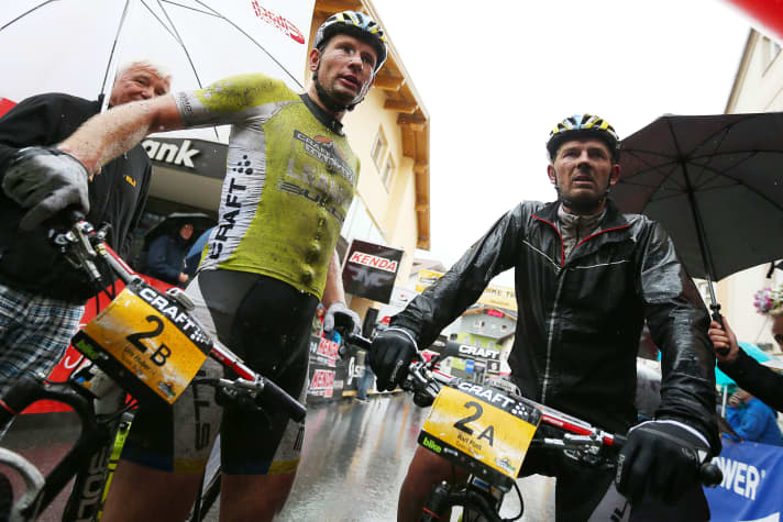   With 17 participations, Transalp veteran Karl Platt is not fazed by a day of bad weather, as seen here in 2014.