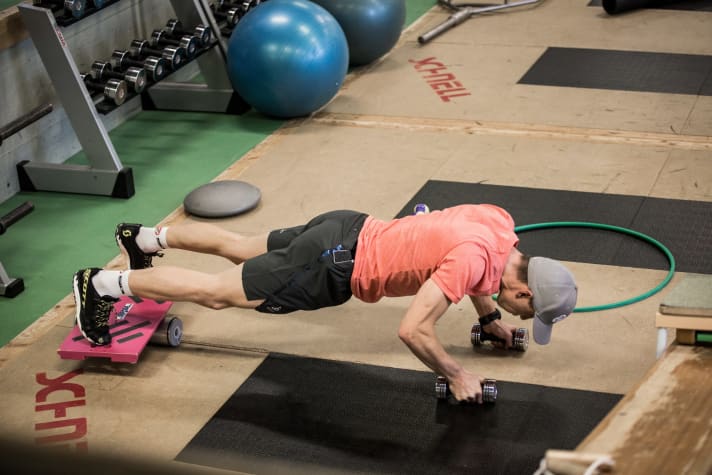   In addition to training at altitude and on the bike, athletics training is an important component for Schurter.