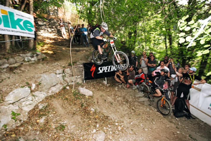 On the brink of disaster: freeride star Matt Hunter crashed spectacularly into the green stuff just fractions of a second after this photo was taken. The dreaded landing after the drop was short and offered hardly any grip.