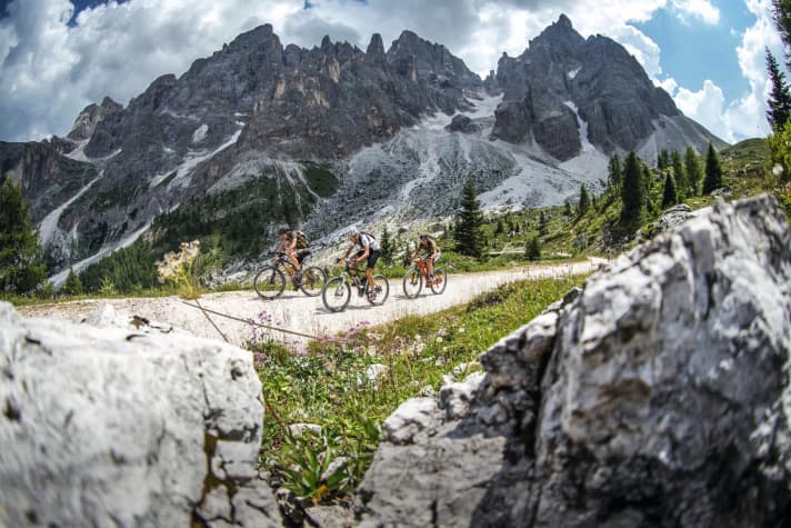   Long, flat climbs characterise Transalp stage 5, the magnificent landscape of the Pala Group (photo) provides a distraction.