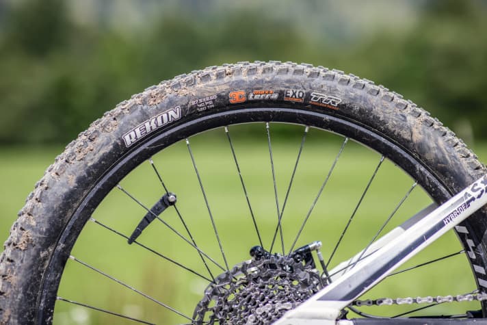   Ghost Hybride ASX 6.7+: Der mäßig profilierte Hinterreifen stiehlt dem Ghost eine ganze Portion seines Enduro-Potenzials. Besonders im Nassen und beim Durchschlagschutz kommt der Maxxis Rekon früh an seine Grenzen.
