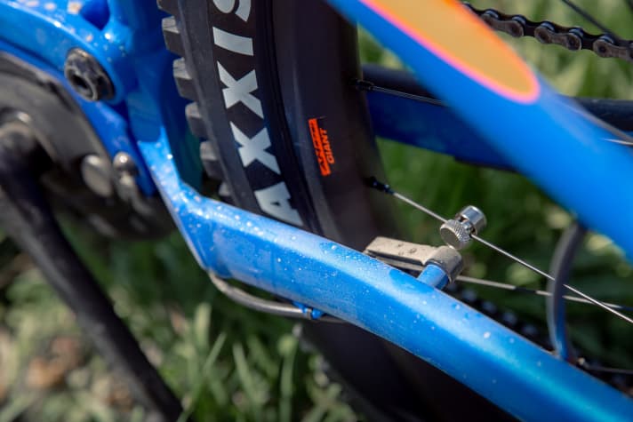   Der Geschwindigkeitssensor sitzt klassisch an der Kettenstrebe und muss von einem anfälligen Speichenmagneten bedient werden.