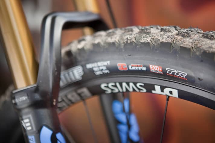   Sinnvolle Bereifung: Maxxis Minion DHF/DHR II mit der neuen, verstärkte Exo+ Karkasse.