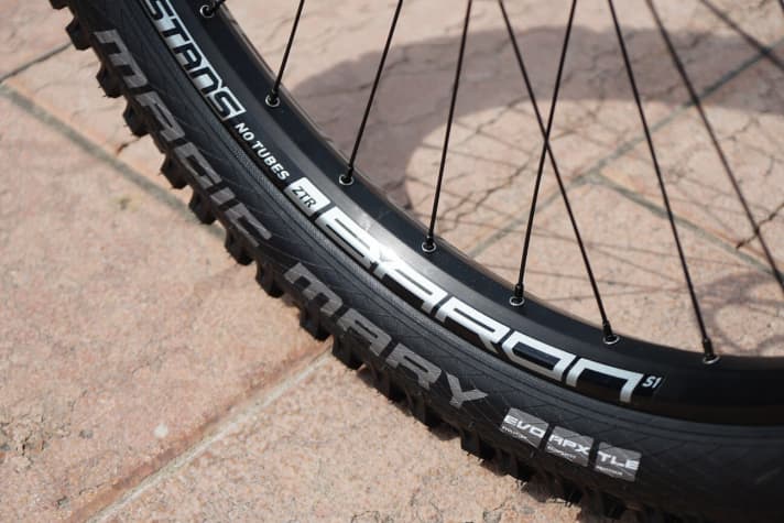   Golden mean: Propain has opted for a tyre width of 2.6 inches and only offers 2.6 inch tyres in the configurator. They sit on wide Stans Baron rims.