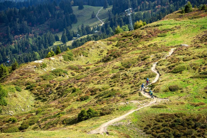   "Der Scalottas-Trail ist der flowigste Trail abseits des Bikeparks. Mit idealen Kurvenradien und kleinen, natürlichen Sprüngen schlängelt er sich am Hang entlang bis zum Heidsee." (Julia Hofman, Profi-Bikerin)