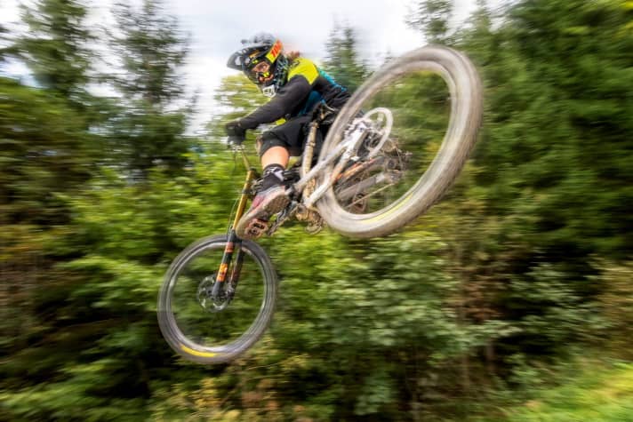   Stranger: Worldcupper Wyn Masters is normally on the road on his GT Fury. Here he swings Aaron Gwin's YT Tues through the air. "It was exciting to be able to try out the different bikes," said Wyn.