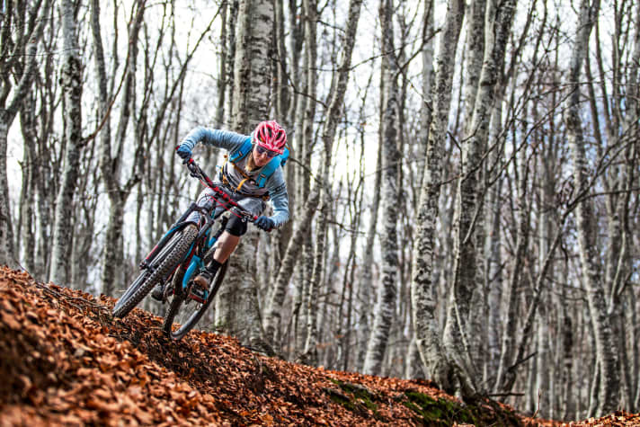   The downhill route on Kissavos is only meanly steep in the upper section. At the bottom, trail builder Dimitris has once again created relaxed bends in the slope; the cobbled streets in the mountain village of Panteleimonas.