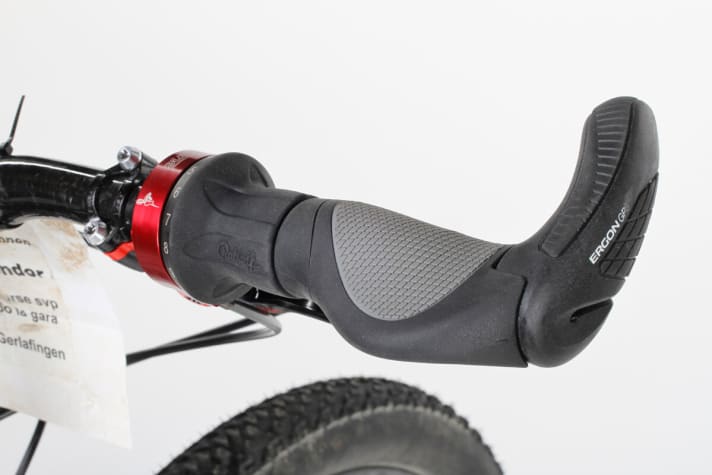   The Ergon grips with integrated bar ends allow many positions. The Rohloff lever shifts much more spongily than SRAM's Gripshift.