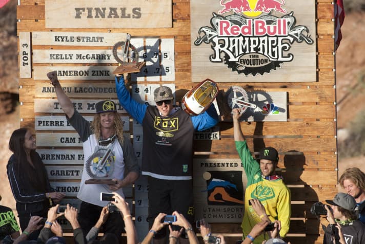   Rampage podium (from left): Kelly McGarry (2, People's Choice Award), Kyle Strait (1) and Cameron Zink (3, Best Tick Award).
