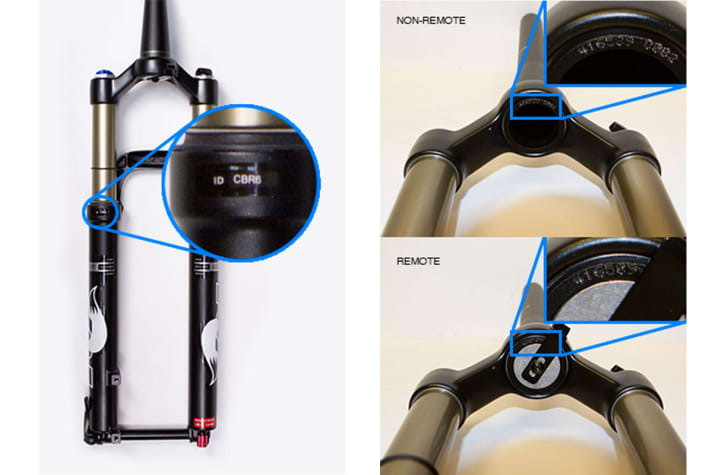   The ID code can be found on the fork's dip tube (left). The serial number of the fork is stamped on the underside of the fork crown (pictures on the right). The remote cable guide must be removed in order to read the number.