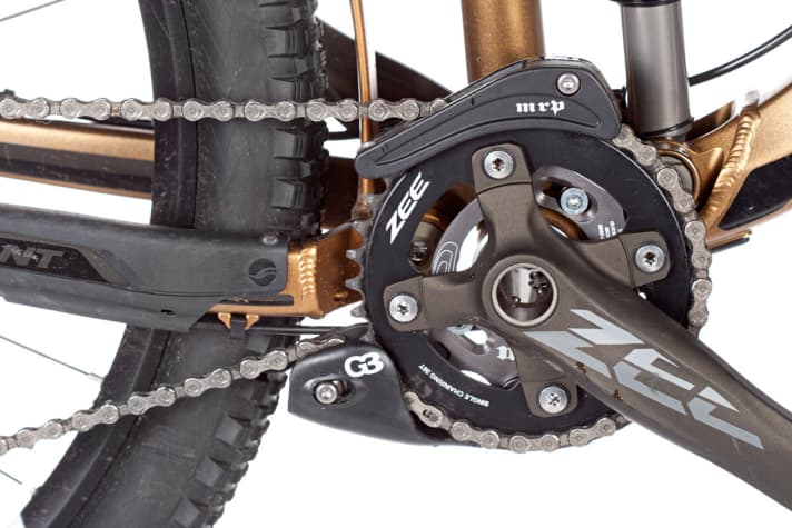   The chain guide is great, but the 36-tooth chainring severely limits the range of use of the Trance.