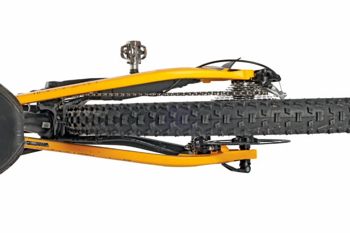   The seat stays are far too wide and get in the way of the heel. The frame is not yet fully developed.