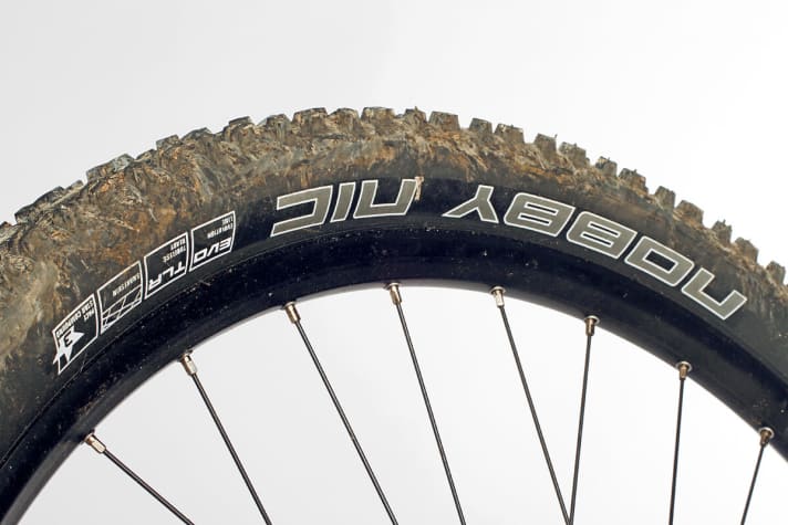   Der leichtgewichtige Nobby Nic ist für den Enduro-Einsatz zu pannenanfällig. Obendrein bietet die schnelle PaceStar-Mischung wenig Grip.
