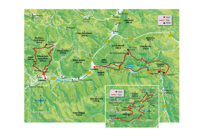   From Vetriolo, the Delle Pozze tour (small map) leads along the slopes of Monte Panarotta. From Predazzo, the route leads into the Val Venegia or the Pale di San Martino, or both.
