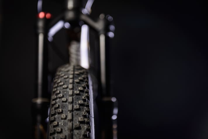   Good to see: The Manitou Magnum suspension fork specially developed for the Sherpa and the 2.8 inch wide tyre.