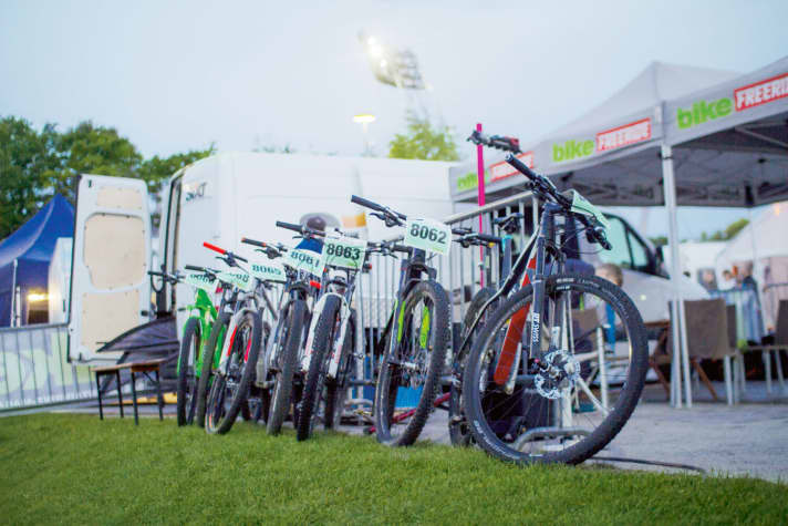   Ready to race: The test bikes with start number on the handlebars.