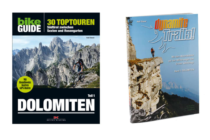   The best military trails: Ralf Glaser read through ancient war documents and then set off in search of traces on the mountain. The result is these two tour books. Info: <a href="http://www.delius-klasing.de/buecher/BIKE+Guide+Dolomites+%28Volume+1%29.80797.html" target="_blank" rel="noopener noreferrer">www.delius-klasing.de</a> and at <a href="http://www.dynamite-trails.de/" target="_blank" rel="noopener noreferrer nofollow">www.dynamite-trails.de</a>