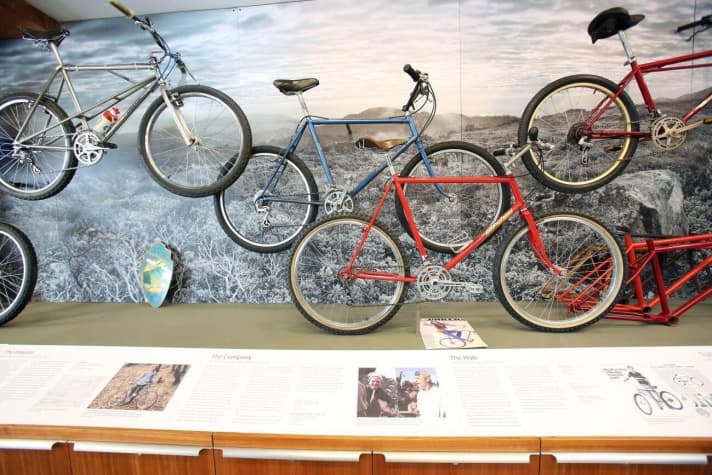 Left in the picture: One of the first Breezer bikes. Joe Breeze designed the additional struts into the frame as stiffeners.