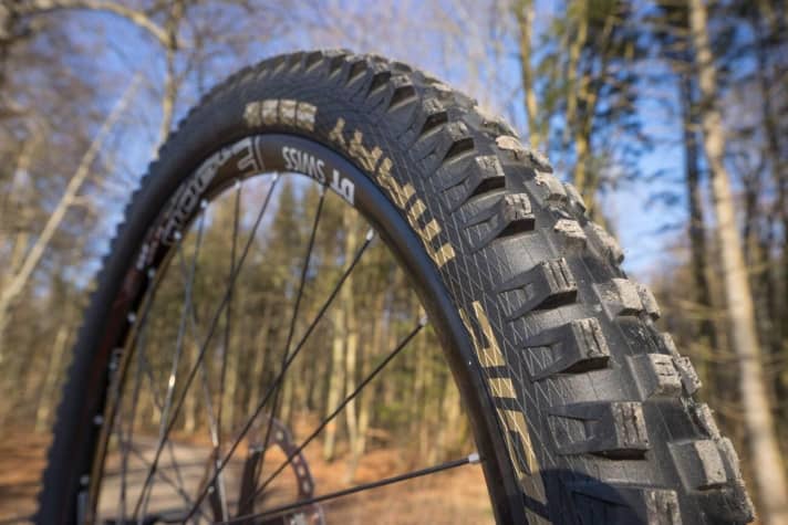   Heavy Duty: Der am Testbike montierte Schwalbe Magic Mary mit Super-Gravity-Karkasse und Vert-Star-Mischung verleiht dem Votec VE einen betont abfahrtsorientierten Freeride-Charakter, drückt aber auf die Waage und verhagelt die Uphill-Wertung.