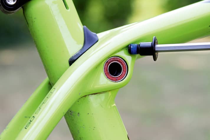   Hinter der Abdeckung verbirgt sich ein Satz Wälzlager. Das erhöht das Rahmengewicht des Trek Procaliber um ein paar Gramm. Trotz dieses Eingriffs ist der Rahmen sehr steif.