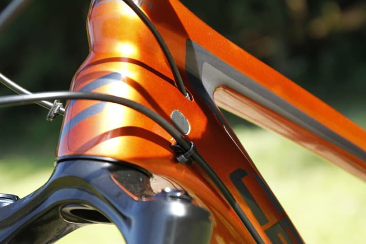   Aufgeräumte Optik: Die Bremsleitung läuft außen, Schaltzüge und Variostützen-Leitung innen im Rahmen.