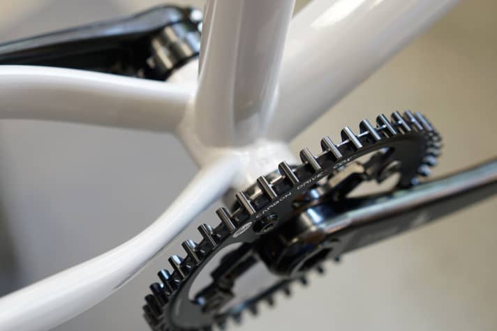   Ui, das wird knapp. Die hintere Riemenscheibe ist eine der kleinsten im Sortiment, konstruktionsbedingt aber größer als ein Ritzel, falls man mit Kette fahren würde. Weswegen auch die vordere Scheibe größer ausfällt, damit man nicht mit ultrakleiner Übersetzung "rumnuddelt". Außen montiert sitzt sie weit genug weg von der Kettenstrebe. Aber lässt sich so die optimale "Kettenlinie" realisieren?