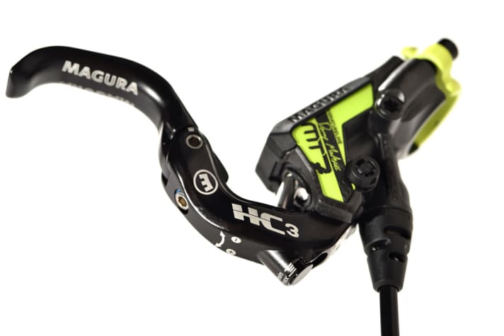   The brake lever of the Magura MT7 Danny MacAskill with the new HC3 1-finger lever in Raceline neon yellow.