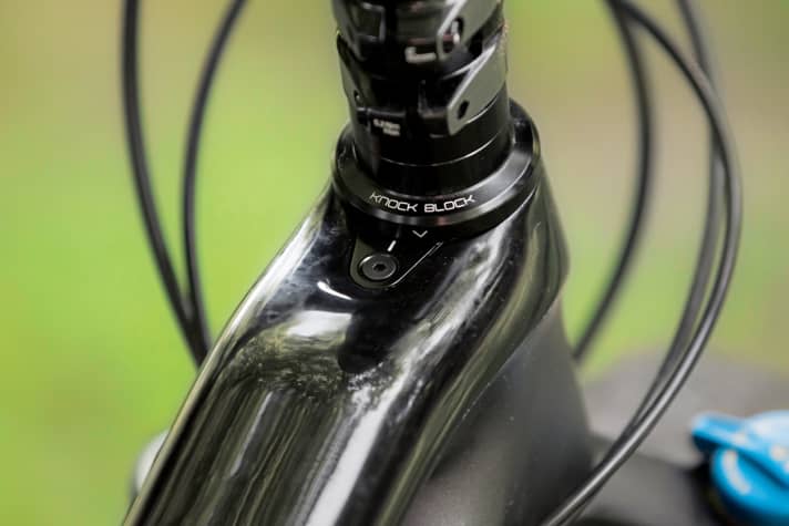   Trek Fuel EX 9.8: Das Knock Block verhindert ein Anschlagen der Gabelkrone am Unterrohr im Falle eines Sturzes.