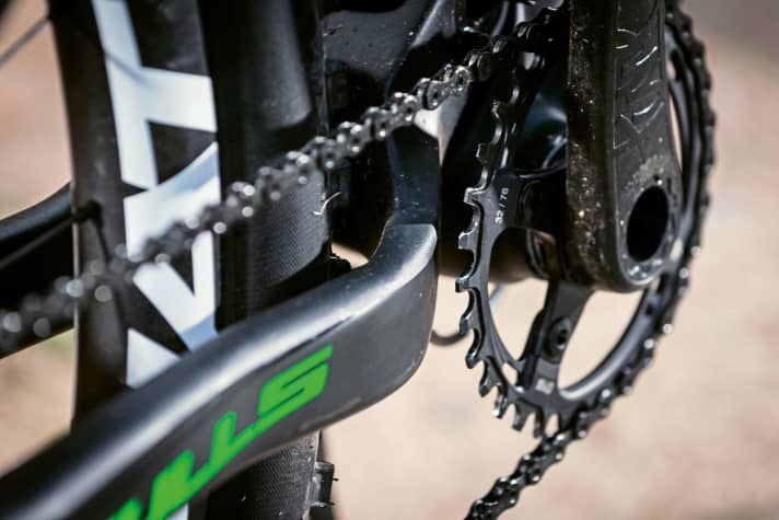   Bulls Wild Ronin 2: Component mix: Bulls combines the Eagle drivetrain with a Tune drivetrain. However, the corners of the teeth had to be filed for flawless function.