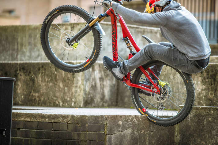   He doesn't always just want to play: Danny MacAskill trying to vandalise the Santa Cruz Reserve Carbon wheels.