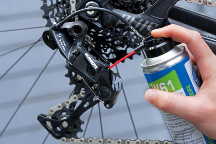   The joints on the rear derailleur and front derailleur are best lubricated with spray oil.