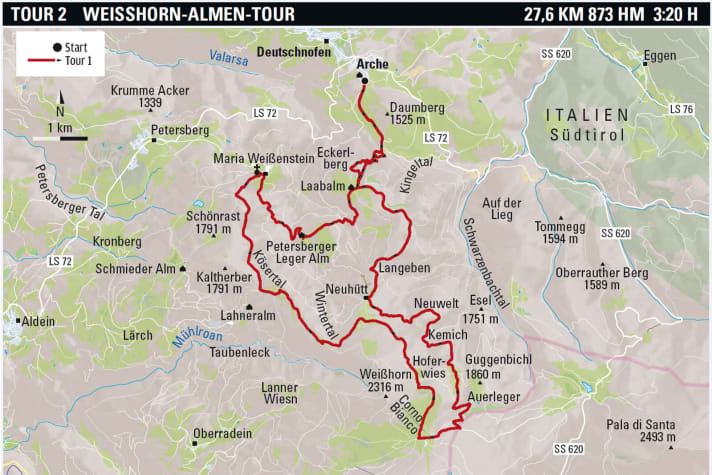   BIKE Mini-Guide Eggental: Karte Tour 2 – Weißhorn-Almen-Tour
