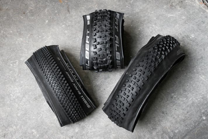 Tyres: Rocket Ron from Schwalbe (no. 1, right), Kenda Small Block Eight (no. 2, left), Schwalbe Fat Albert (no. 3, centre)