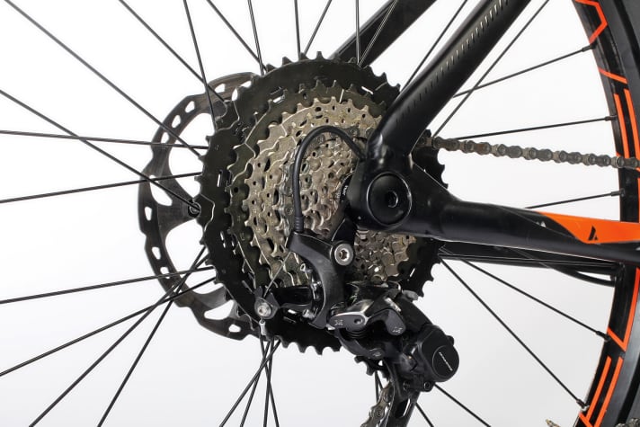   7. Lediglich Bulls und Cotic verbauen die 11–46er XT-Kassette von Shimano. Bei den übrigen Shimano-Antrieben ist bei 40 oder maximal 42 Zähnen Schluss. Zu wenig für den Trail-Einsatz. Das Felt kommt so gerade mal auf eine Bandbreite von 364 Prozent. Da zehren selbst kurze, steile Anstiege an den Kräften.