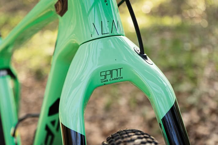   Orbea Alma M-LTD: The carbon rigid fork is as high as a 100 mm fork with 25 per cent sag. The 600 gram fork can be ridden with or without Boost wheels.    