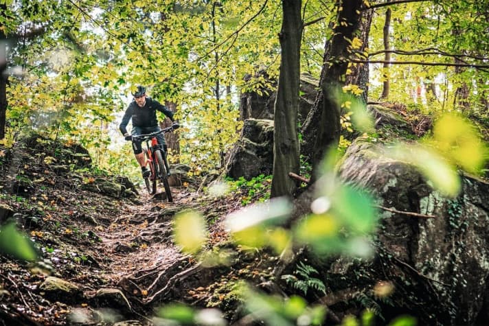   Tino Schneider   Ich setze auf ein 29er-Fully mit breiten Reifen, 150/130 Millimetern Federweg, Alu-Rahmen und Vario-Stütze. Damit kommt das Bike auf 14 Kilo, und ich fahre trotzdem regelmäßig Touren mit 50 Kilometern und 1200 Höhenmetern. Für den Fahrspaß bergab und vor allem für die bessere Haltbarkeit nehme ich das Mehrgewicht gerne in Kauf.
