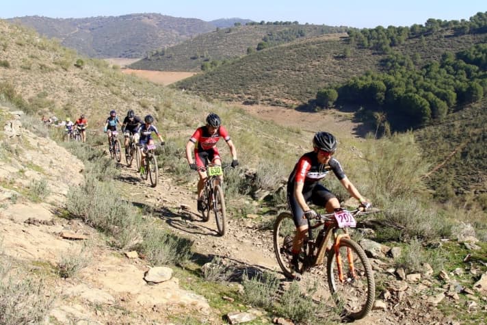   Panting uphill is the daily bread at the Andalucia Bike Race, here still in Jaen in short-short weather.