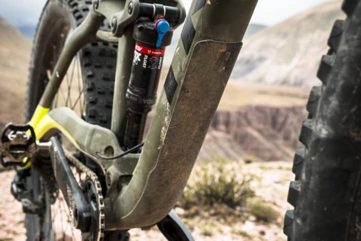   The frame is protected by numerous applications, with the Fox Float Evol at the rear.