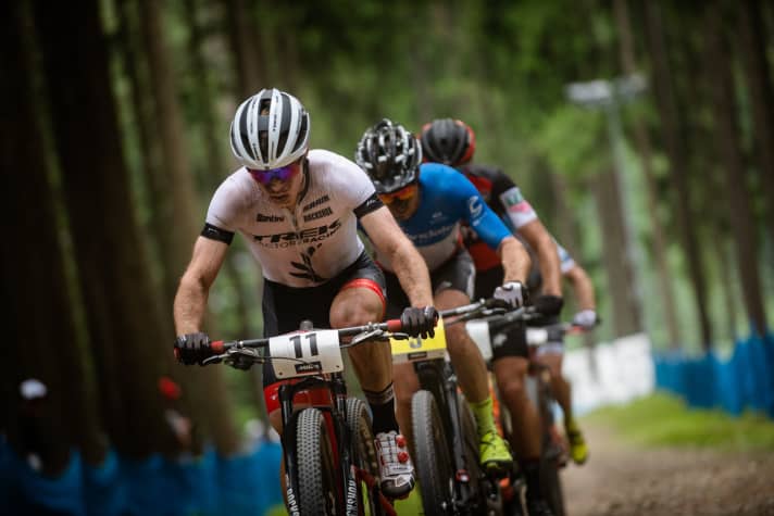  Anton Cooper (front) and Maxime Marotte (with blue jersey, behind) worked well together and were able to ride ahead of Nino Schurter after van der Poel's crash.