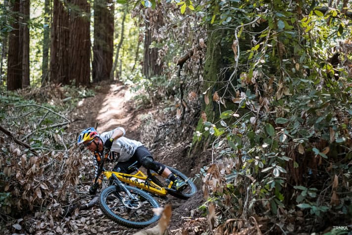   Downhill, the new bike is in its element.