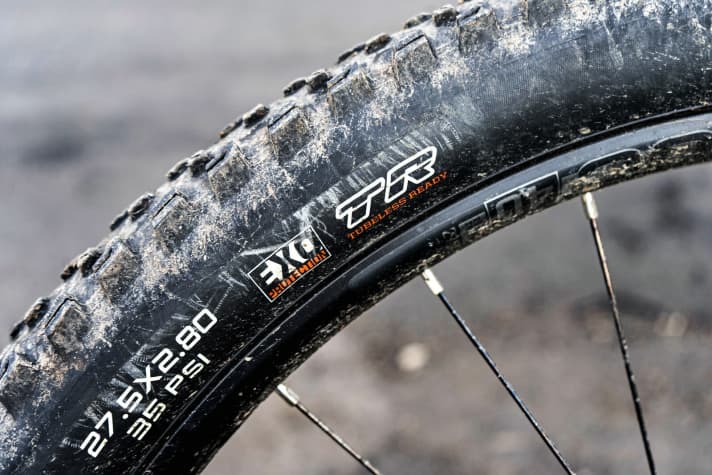   Trek Fuel EX 9.8 Plus: Not much bite - The original tyres (Bontrager Chupacabra) rolled well, but offered too little grip. After 1200 kilometres, Maxxis Rekon+ were used in a tubeless setup.