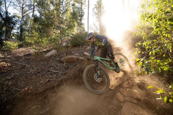   Our first impression of the Megatower: a thoroughbred race enduro bike with a penchant for full-throttle riding.