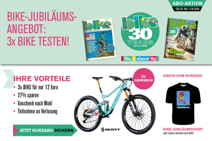    <a href="01956b/" rel="noopener noreferrer">Anniversary offer for the anniversary year</a>: 3x BIKE for only 12 euros instead of 16.50 euros. Plus a free anniversary shirt or other gift of your choice. And with a bit of luck, you could win the anniversary bike from SCOTT. Because everyone who has a short or fixed-term subscription to BIKE on 17 October 2019 will automatically be entered into the prize draw.