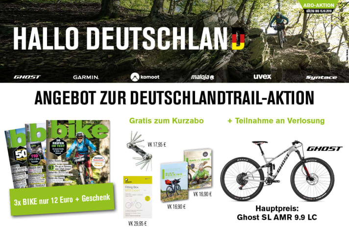 Zur Deutschland-Trail-Aktion gibt es ein besonderes <a href="01969b/"  rel="noopener noreferrer">Abo-Angebot</a> : Sie bekommen 3 Hefte zum Sonderpreis von nur 12 Euro und dazu z.B. ein Outdoor-Buch gratis. Außerdem nehmen alle Besteller automatisch an der <a href="01969b/"  rel="noopener noreferrer">Deutschland-Trail-Verlosung</a>  teil und können Preise im Gesamtwert von 8000 Euro gewinnen.