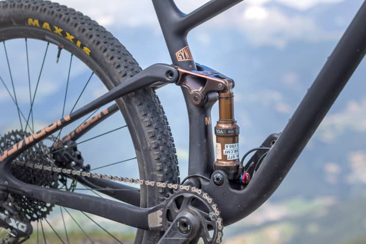   Beim Hinterbau vertraut NS Bikes auf einen abgestützten Eingelenker. Flexende Sitzstreben sparen ein weiteres Gelenk im Hinterbau.