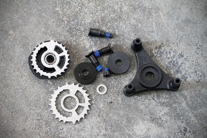  In addition to the 12-speed cassette and chain (not pictured), E-Thirteen packs everything into the conversion kit to convert the 11-speed shifters and derailleurs from Sram GX, X1, X01 and XX1 to 12-speed operation.