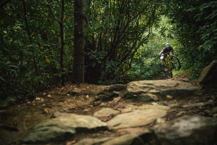   Paradedisziplin von aggressiven Short-Travel-Trailbikes. Abheben!